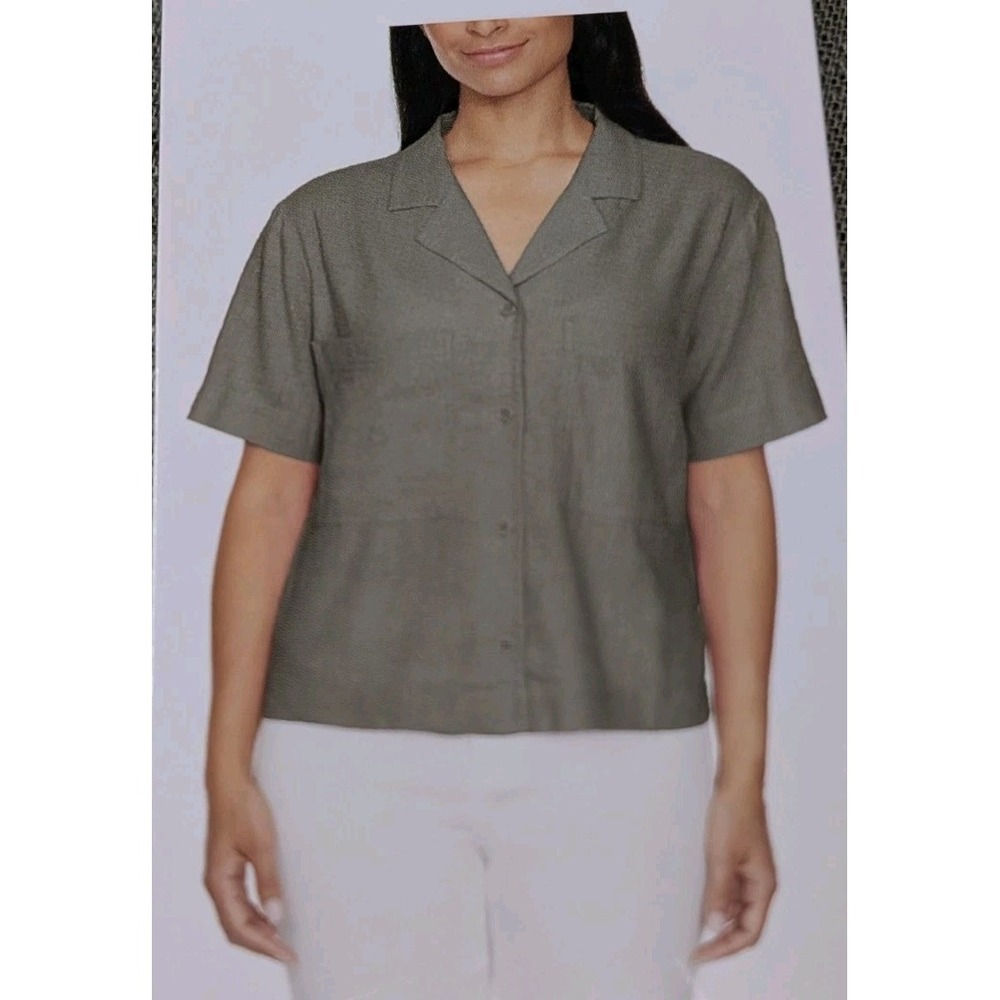 Buffalo Womens‎ Top Light Olive Short-Sleeve Button Front Shirt Linen Blend XL